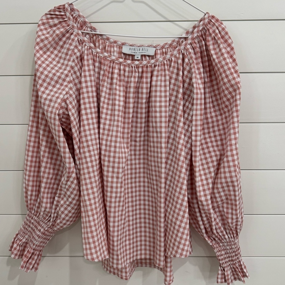 Hunter Bell Rosette Check Lucia Scoop Neck Blouse Women's Pink Size: M